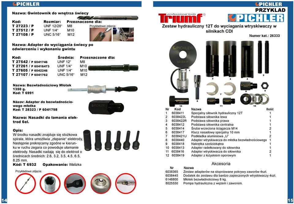 : 26333 Nazwa: Adapter do wyciągania świecy po odwierceniu i wykonaniu gwintu Kod: Średnia: Przeznaczone dla: T 27542 / P 6041746 UNF 12 M8 T 27261 / P 60416473 UNF 1/4 M10 T 27605 / P 6042246 UNF