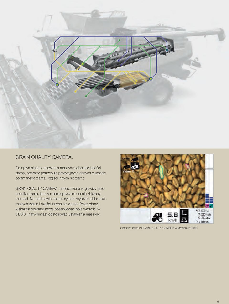 innych niż ziarno. GRAIN QUALITY CAMERA, umieszczona w głowicy przenośnika ziarna, jest w stanie optycznie ocenić zbierany materiał.