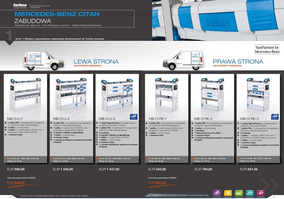 oraz 1 podwójnym pojemnikiem S-BOXX 1 element stały 2 półki FW z 3 przestawnymi przegrodami, 1 półka z 2 pojemnikami S-BOXX oraz 1 podwójnym pojemnikiem S-BOXX 2 walizki T-BOXX na MultiSlide 1 półka