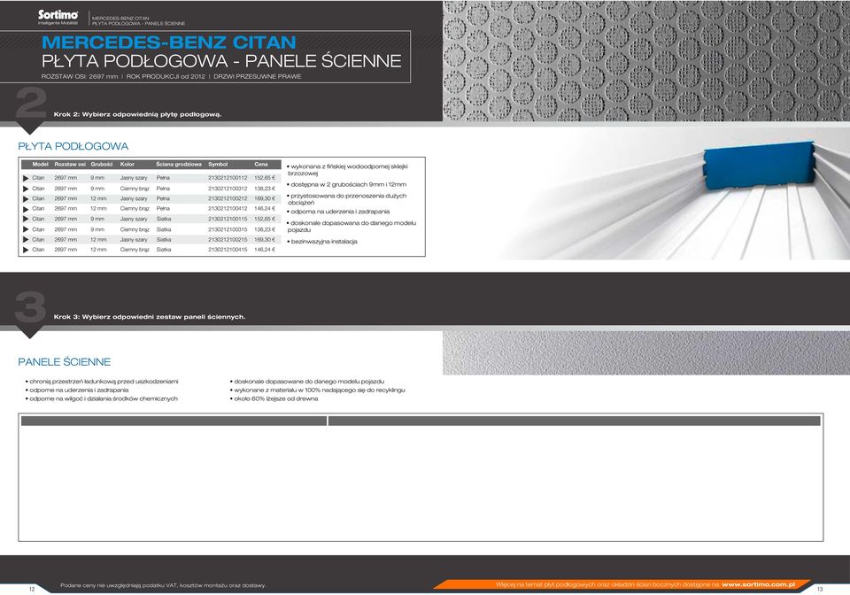 PŁYTA PODŁOGOWA Model Rozstaw osi Grubość Kolor Ściana grodziowa Symbol Cena Citan 2697 mm 9 mm Jasny szary Pełna 2130212100112 152,65 CItan 2697 mm 9 mm Ciemny brąz Pełna 2130212100312 138,23 Citan