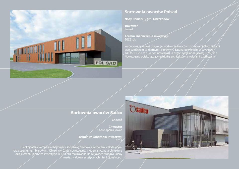 Łączna powierzchnia użytkowa hali to 13 551 m² (w tym antresola), a części socjalno-biurowej 766 m². Nowoczesny obiekt łączący estetykę architektury z walorami użytkowymi.