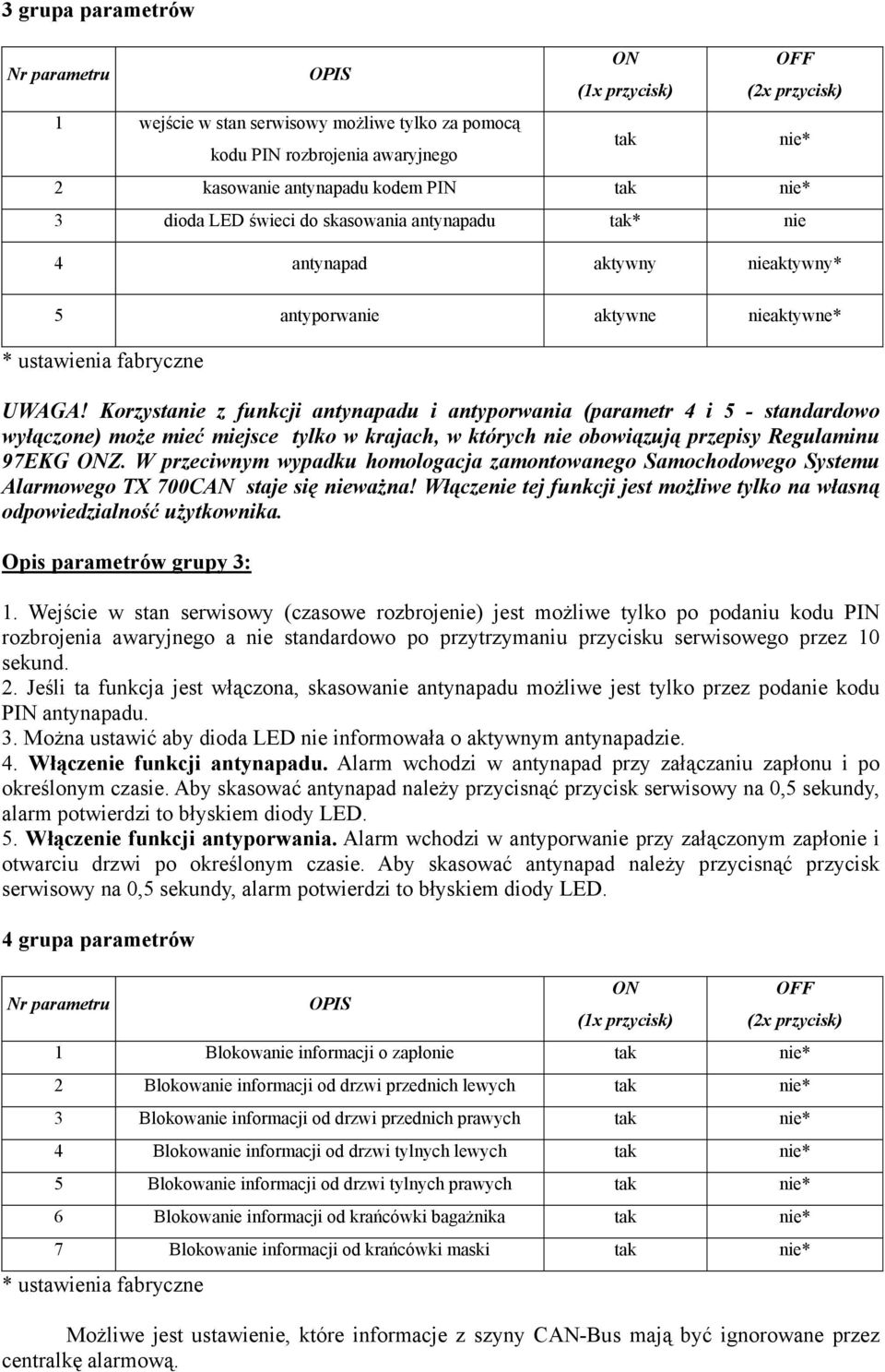 Korzystanie z funkcji antynapadu i antyporwania (parametr 4 i 5 - standardowo wyłączone) może mieć miejsce tylko w krajach, w których nie obowiązują przepisy Regulaminu 97EKG ONZ.