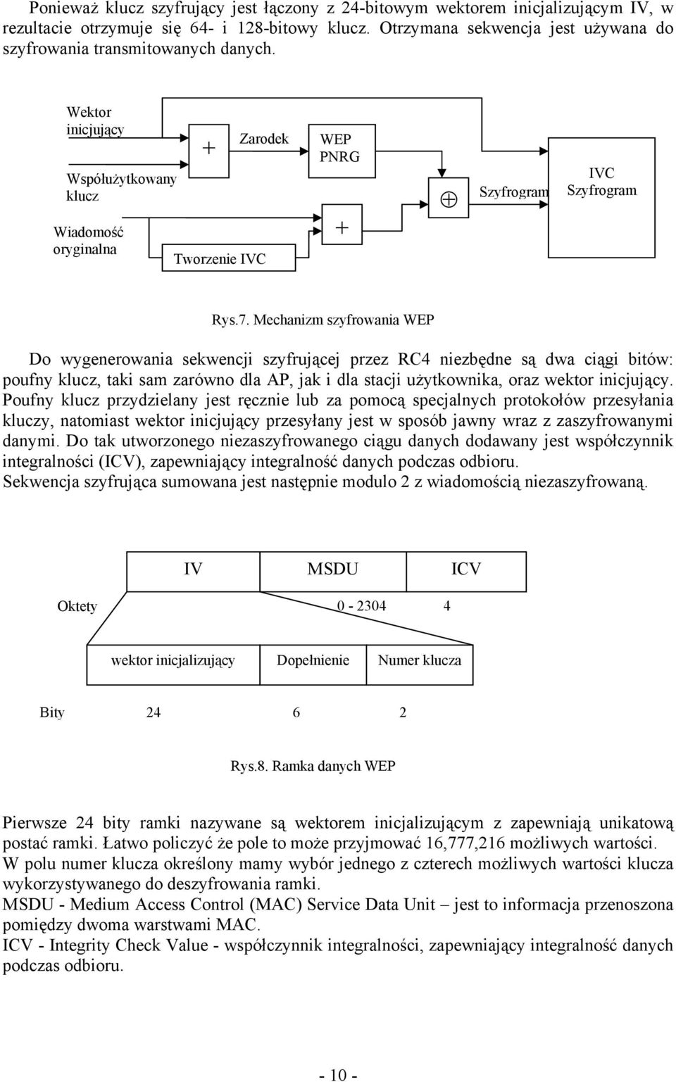 Mechanizm szyfrowania WEP Do wygenerowania sekwencji szyfrującej przez RC4 niezbędne są dwa ciągi bitów: poufny klucz, taki sam zarówno dla AP, jak i dla stacji użytkownika, oraz wektor inicjujący.