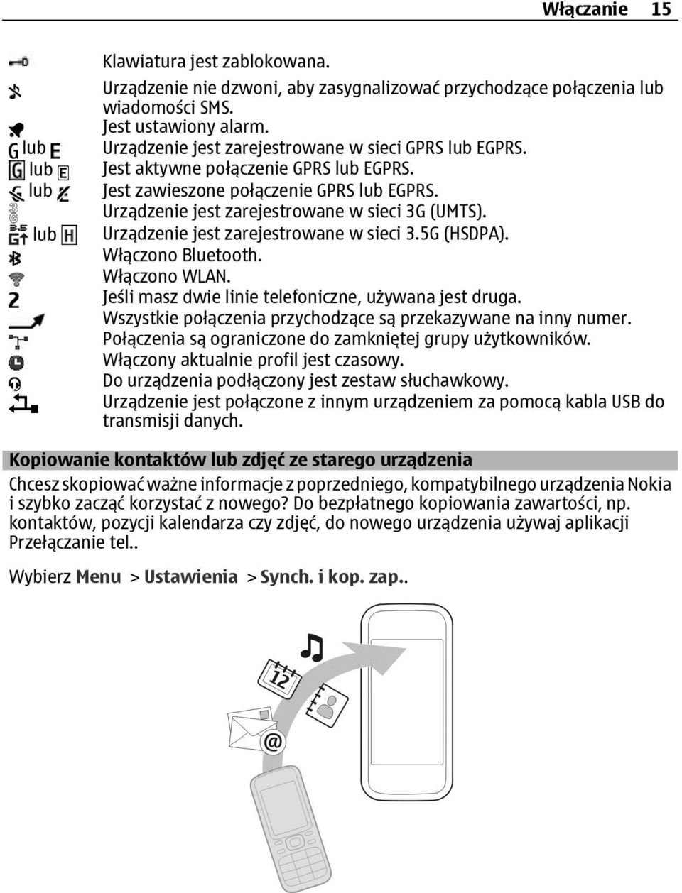 Urządzenie jest zarejestrowane w sieci 3.5G (HSDPA). Włączono Bluetooth. Włączono WLAN. Jeśli masz dwie linie telefoniczne, używana jest druga.