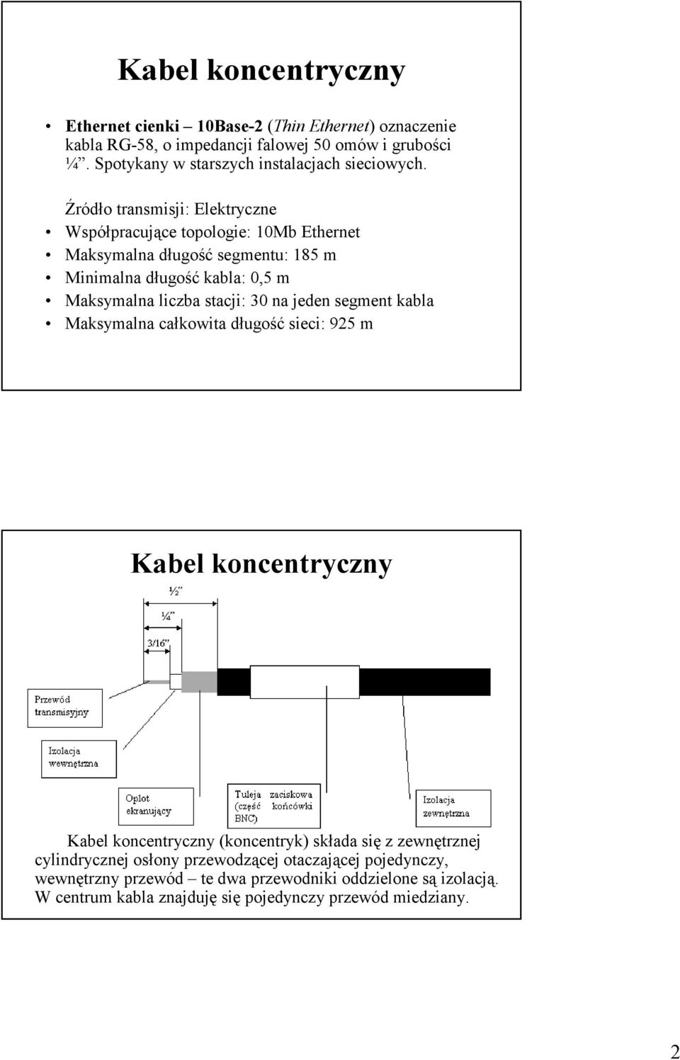 Źródło transmisji: Elektryczne Współpracujące topologie: 10Mb Ethernet Maksymalna długość segmentu: 185 m Minimalna długość kabla: 0,5 m Maksymalna liczba stacji: 30