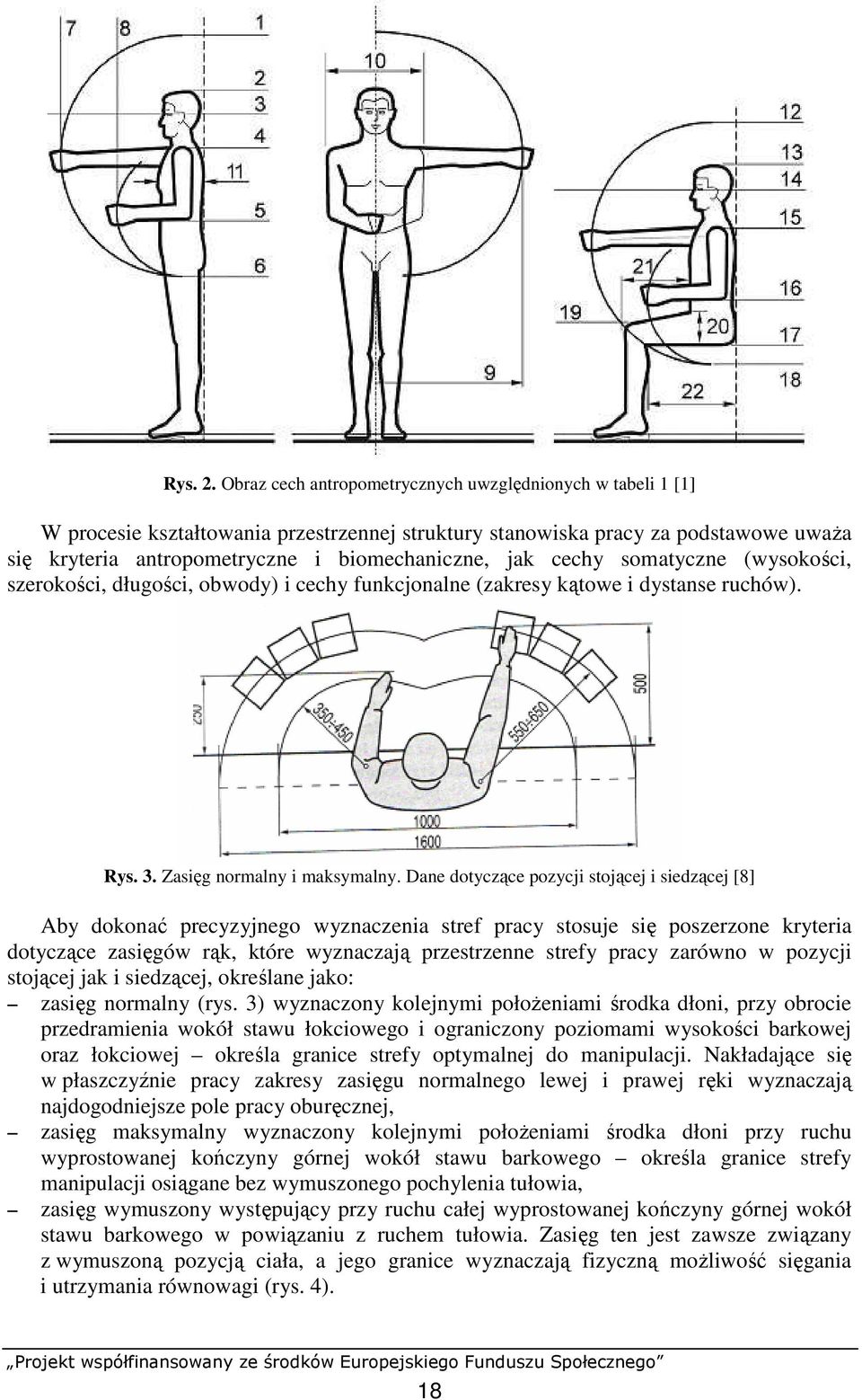 cechy somatyczne (wysokości, szerokości, długości, obwody) i cechy funkcjonalne (zakresy kątowe i dystanse ruchów). Rys. 3. Zasięg normalny i maksymalny.