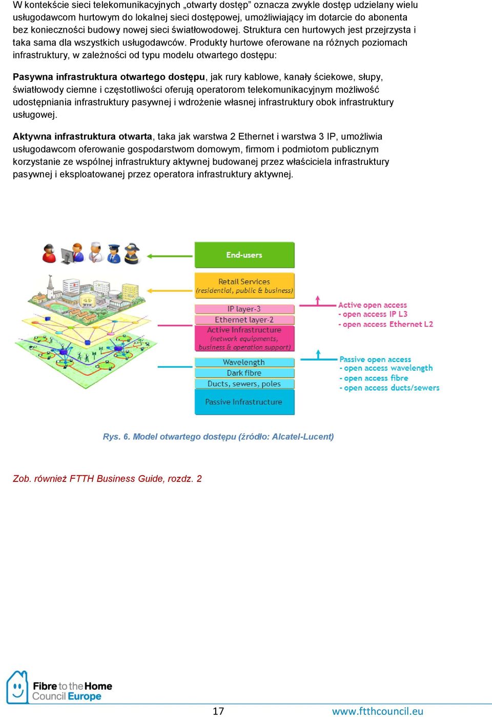 Produkty hurtowe oferowane na różnych poziomach infrastruktury, w zależności od typu modelu otwartego dostępu: Pasywna infrastruktura otwartego dostępu, jak rury kablowe, kanały ściekowe, słupy,