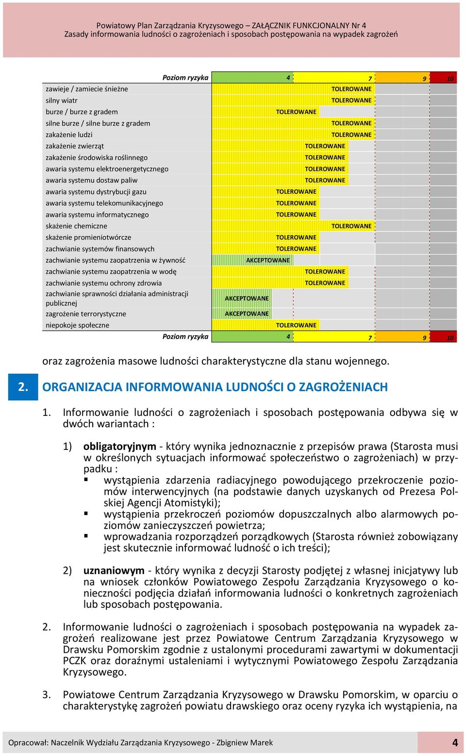 promieniotwórcze zachwianie systemów finansowych zachwianie systemu zaopatrzenia w żywność AKCEPTOWANE zachwianie systemu zaopatrzenia w wodę zachwianie systemu ochrony zdrowia zachwianie sprawności