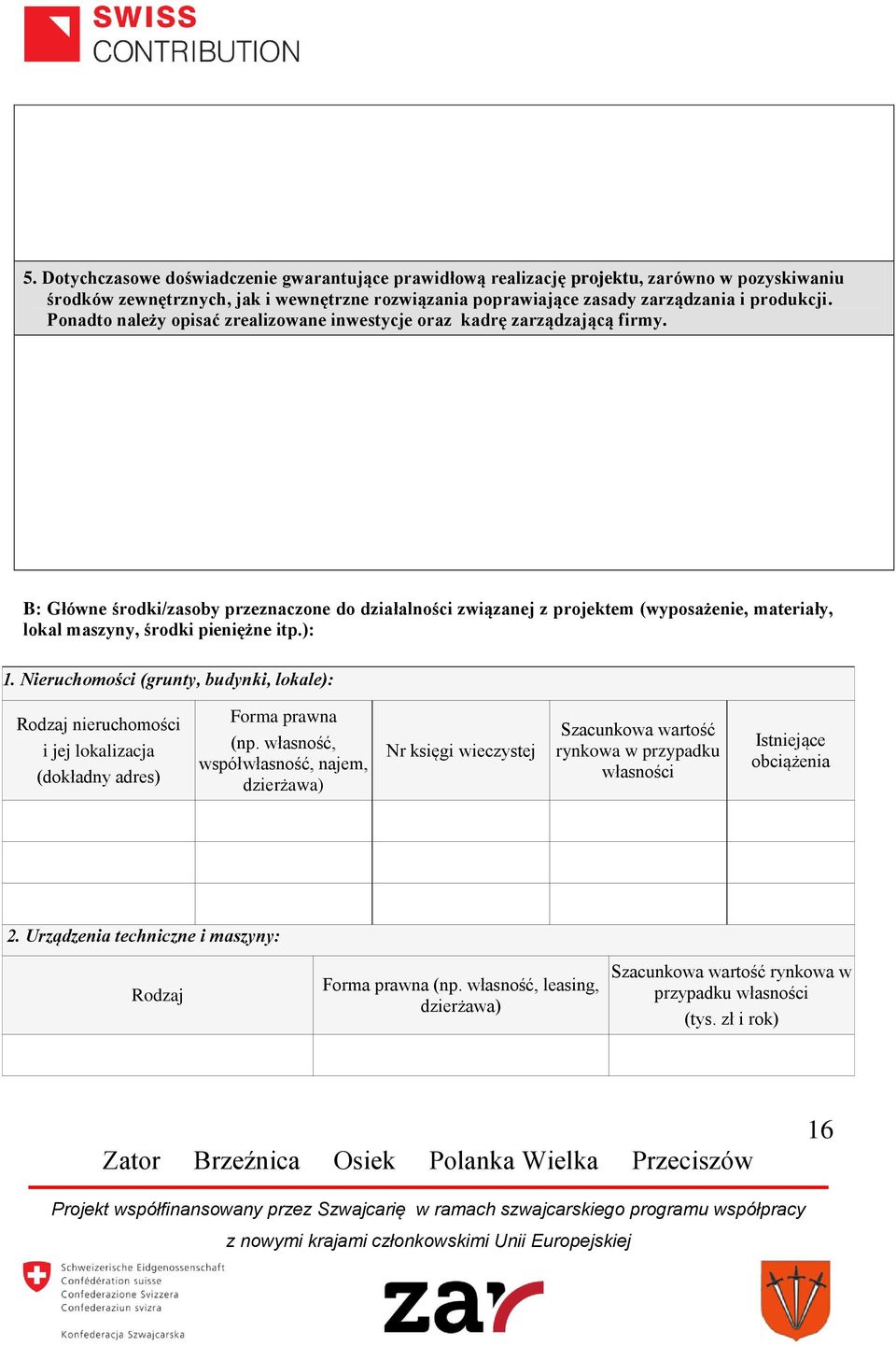 B: Główne środki/zasoby przeznaczone do działalności związanej z projektem (wyposażenie, materiały, lokal maszyny, środki pieniężne itp.): 1.