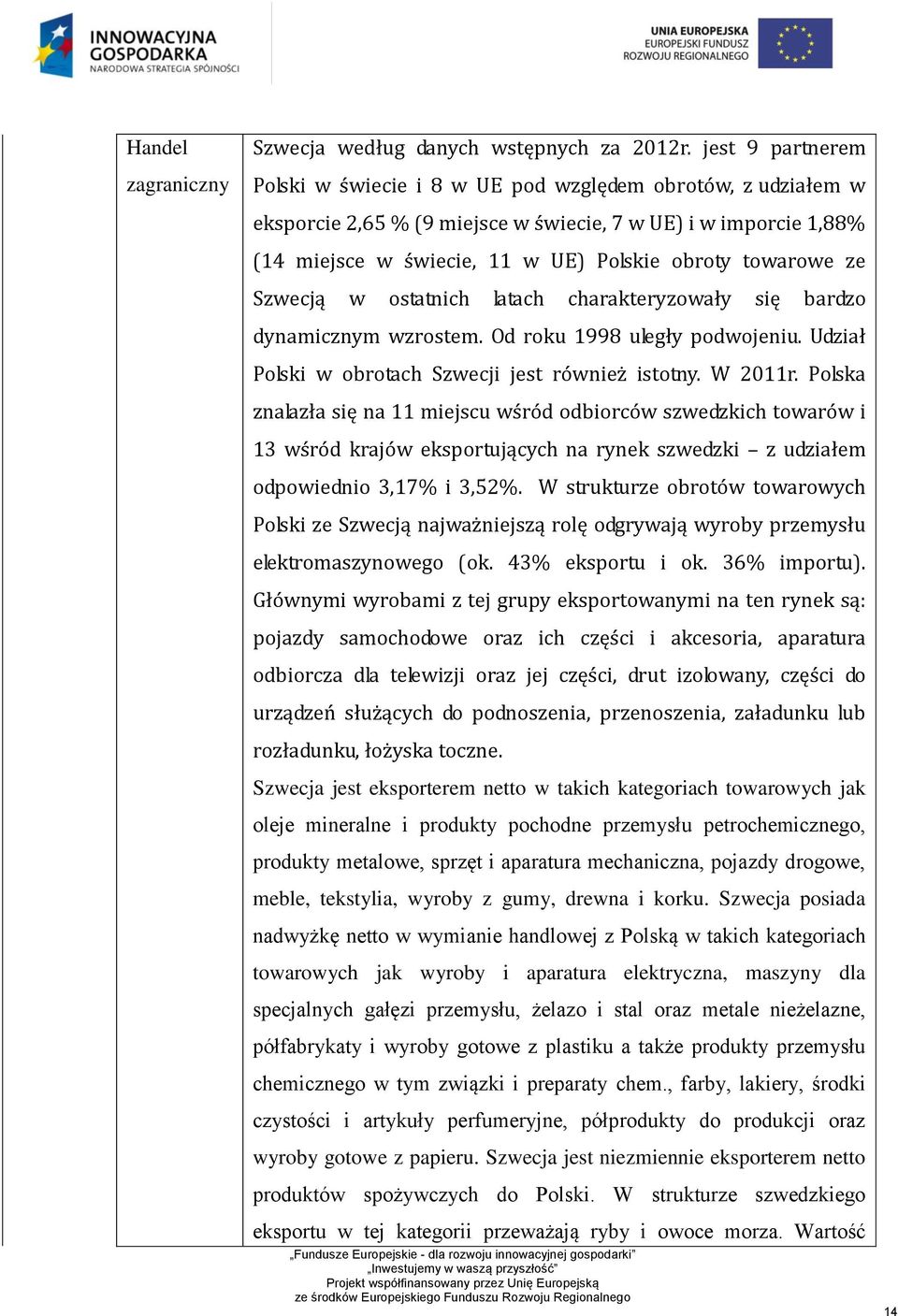 ze Szwecją w ostatnich latach charakteryzowały się bardzo dynamicznym wzrostem. Od roku 1998 uległy podwojeniu. Udział Polski w obrotach Szwecji jest również istotny. W 2011r.