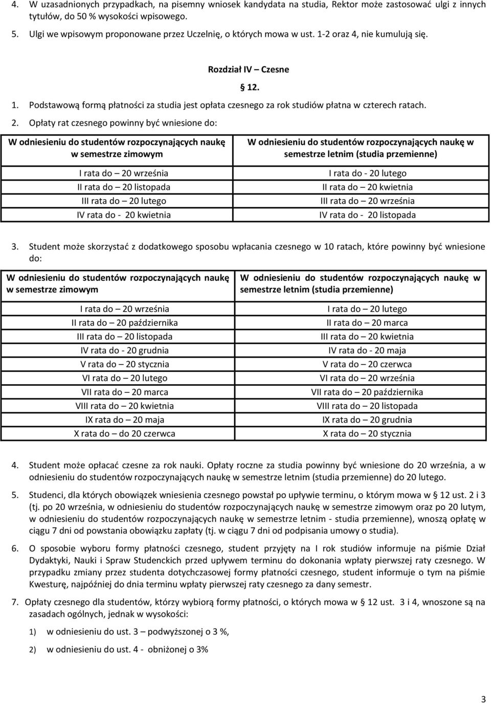 Opłaty rat czesnego powinny byd wniesione do: W odniesieniu do studentów rozpoczynających naukę w semestrze zimowym I rata do 20 września II rata do 20 listopada III rata do 20 lutego IV rata do - 20