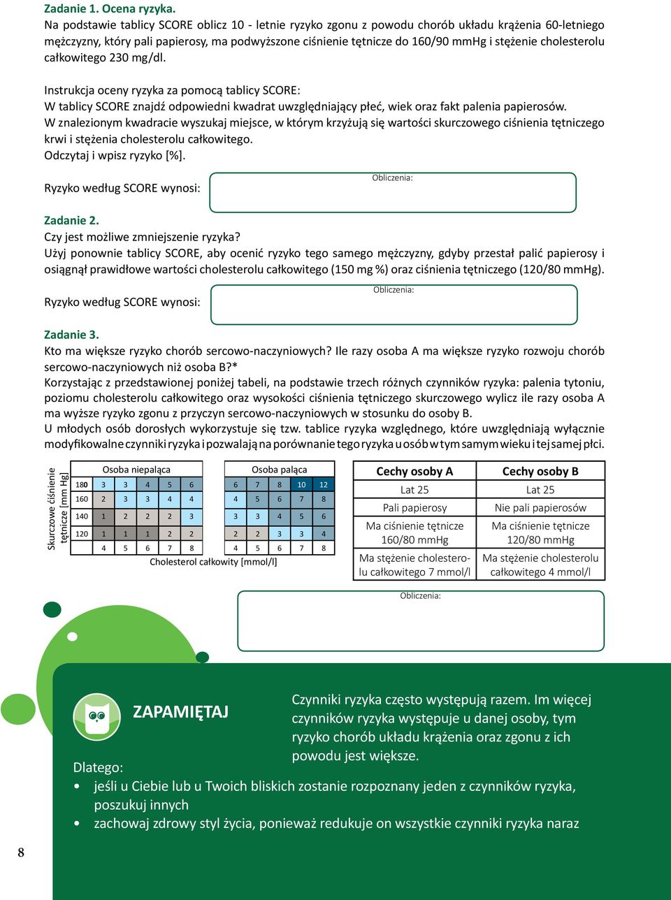 cholesterolu całkowitego 230 mg/dl. Instrukcja oceny ryzyka za pomocą tablicy SCORE: W tablicy SCORE znajdź odpowiedni kwadrat uwzględniający płeć, wiek oraz fakt palenia papierosów.