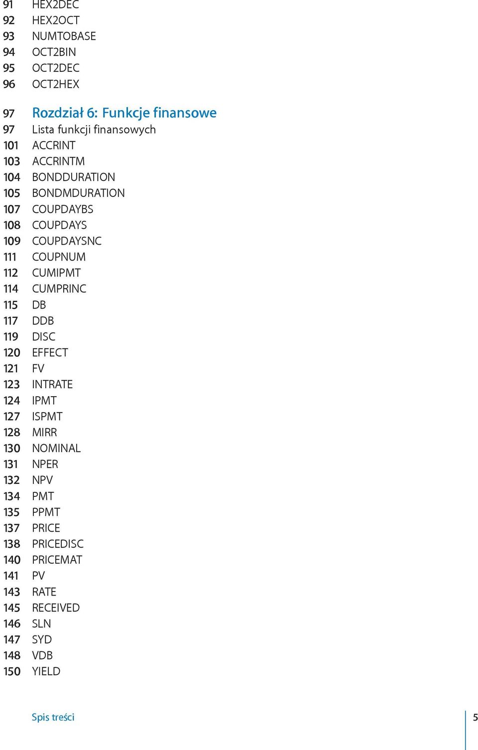 112 CUMIPMT 114 CUMPRINC 115 DB 117 DDB 119 DISC 120 EFFECT 121 FV 123 INTRATE 124 IPMT 127 ISPMT 128 MIRR 130 NOMINAL 131 NPER