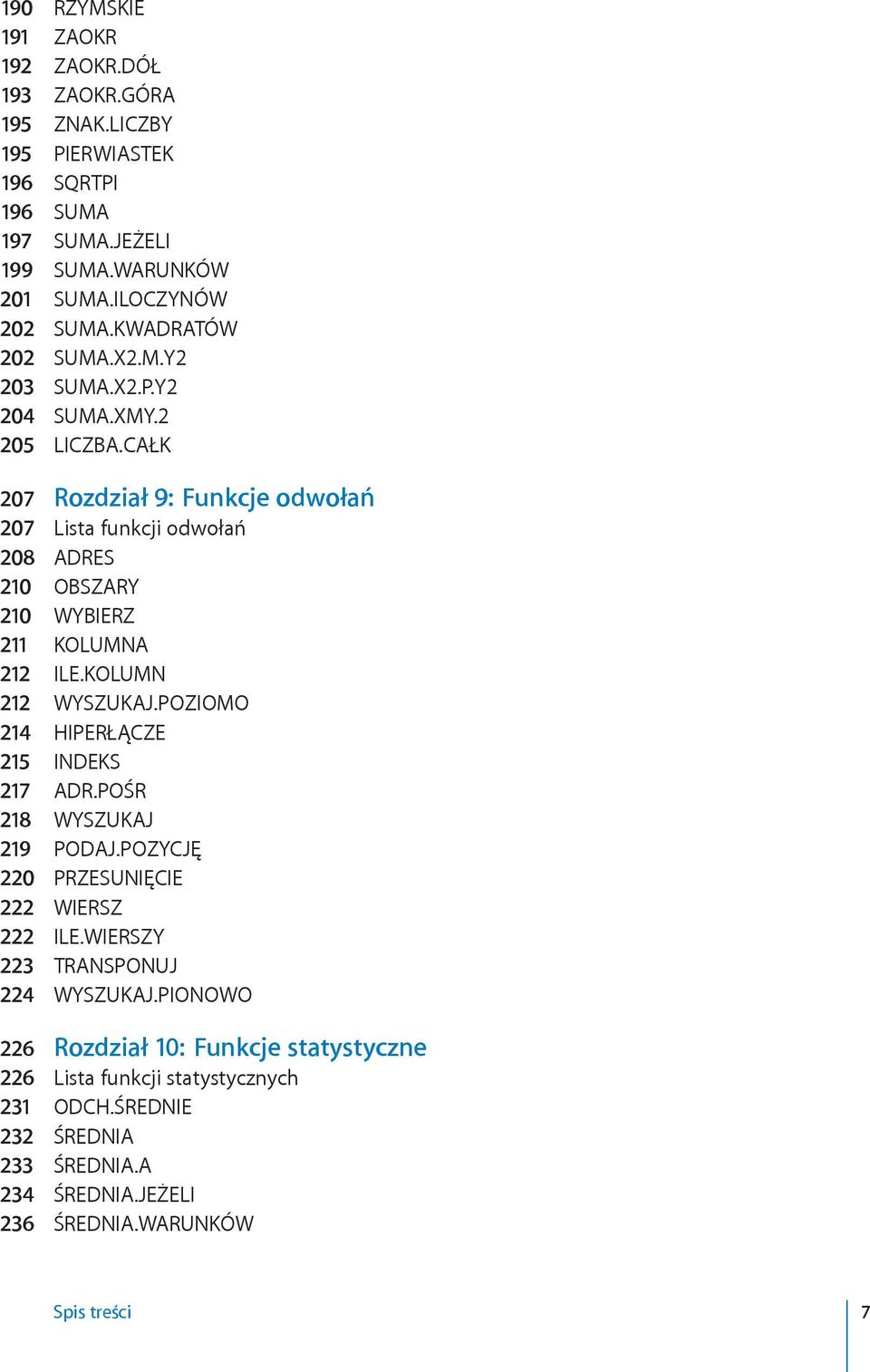 CAŁK 207 Rozdział 9: Funkcje odwołań 207 Lista funkcji odwołań 208 ADRES 210 OBSZARY 210 WYBIERZ 211 KOLUMNA 212 ILE.KOLUMN 212 WYSZUKAJ.