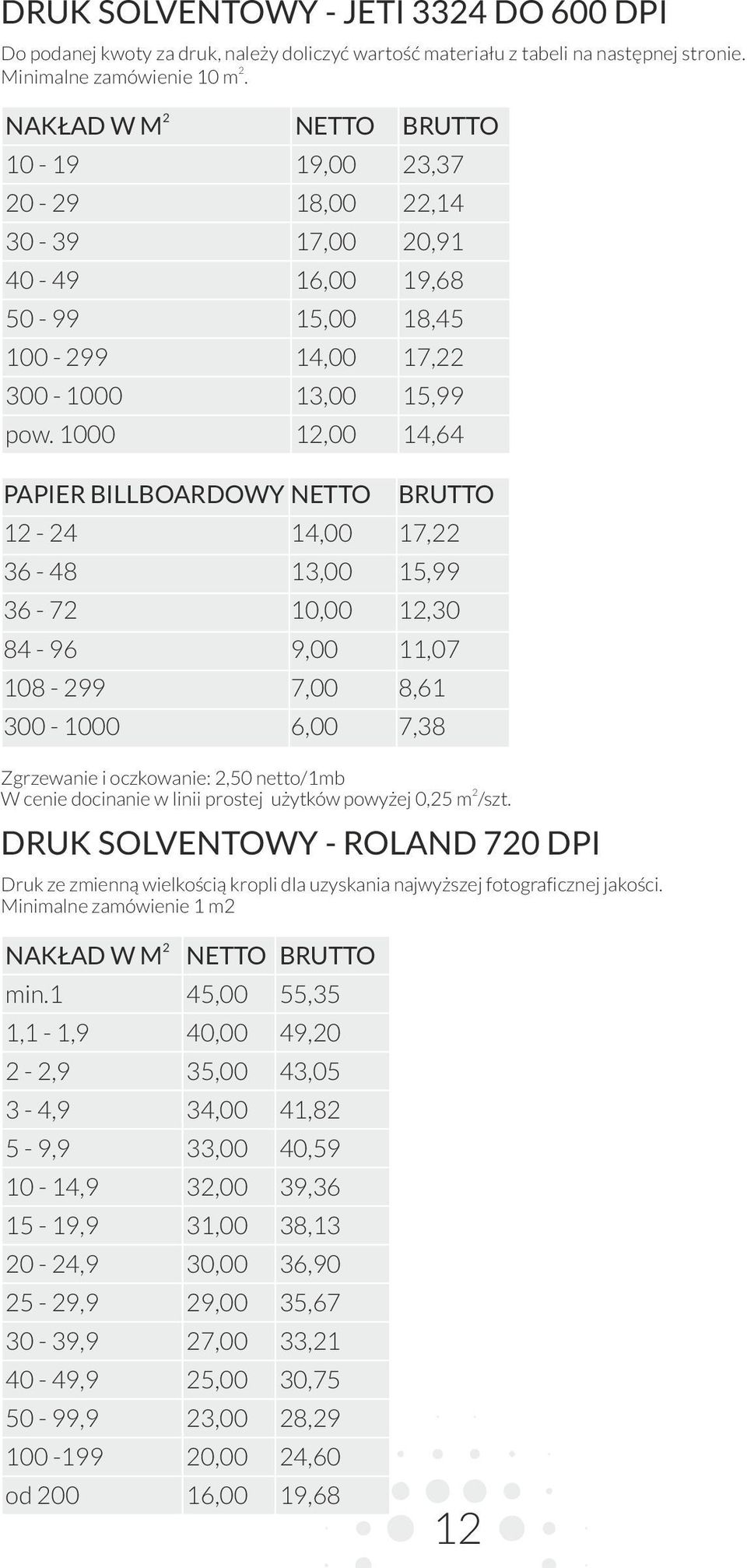 1000 1,00 14,64 PAPIER BILLBOARDOWY NETTO BRUTTO 1-4 14,00 17, 36-48 13,00 15,99 36-7 10,00 1,30 84-96 9,00 11,07 108-99 7,00 8,61 300-1000 6,00 7,38 Zgrzewanie i oczkowanie:,50 netto/1mb W cenie