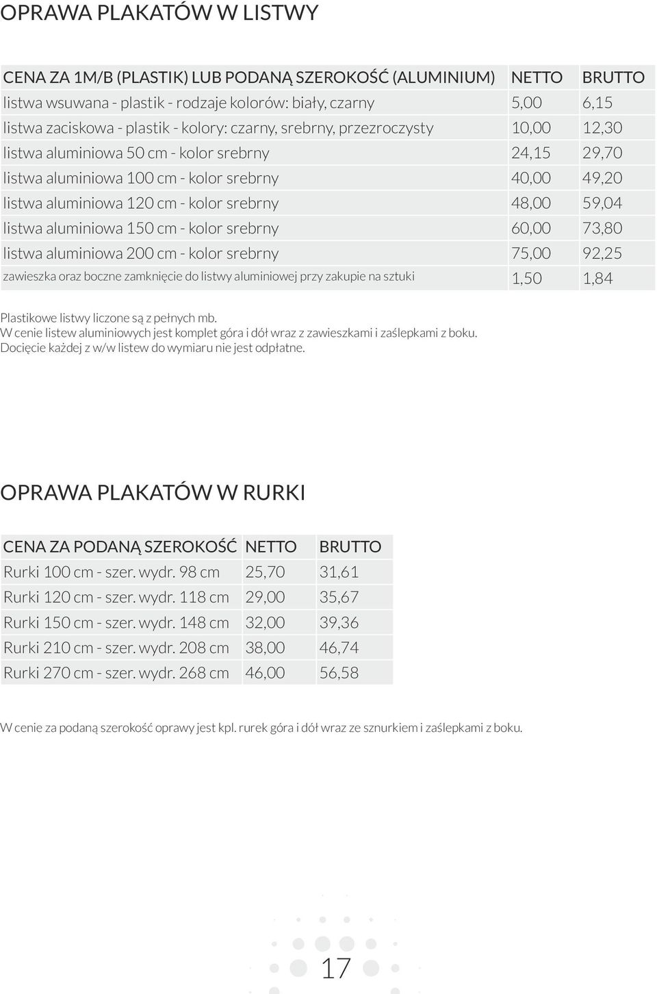 listwa aluminiowa 150 cm - kolor srebrny 60,00 73,80 listwa aluminiowa 00 cm - kolor srebrny 75,00 9,5 zawieszka oraz boczne zamknięcie do listwy aluminiowej przy zakupie na sztuki 1,50 1,84