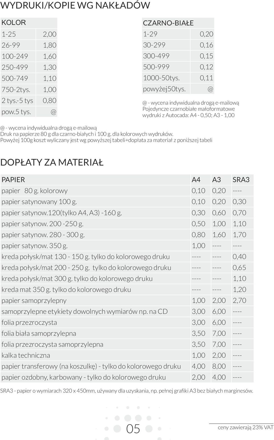 @ @ - wycena indywidualna drogą e-mailową Pojedyncze czarnobiałe małoformatowe wydruki z Autocada: A4-0,50; A3-1,00 @ - wycena indywidualna drogą e-mailową Druk na papierze 80 g dla czarno-białych i