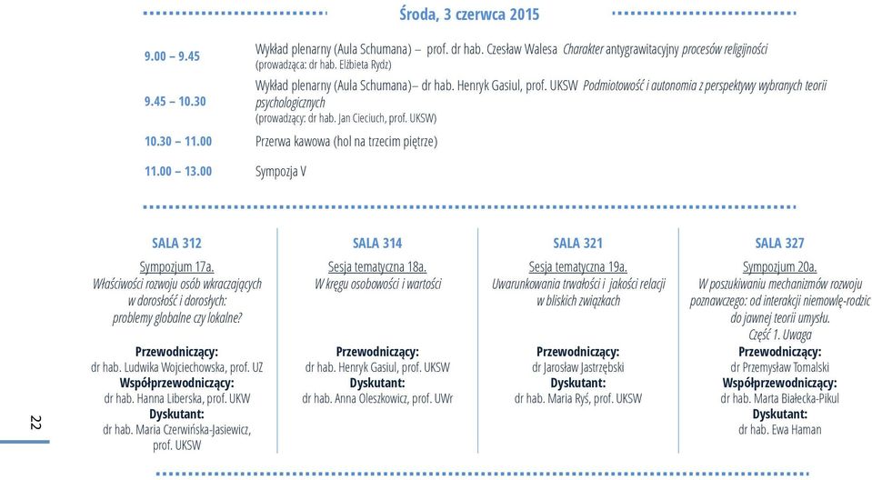 UKSW) 10.30 11.00 Przerwa kawowa (hol na trzecim piętrze) 11.00 13.00 Sympozja V 22 SALA 312 SALA 314 SALA 321 SALA 327 Sympozjum 17a.