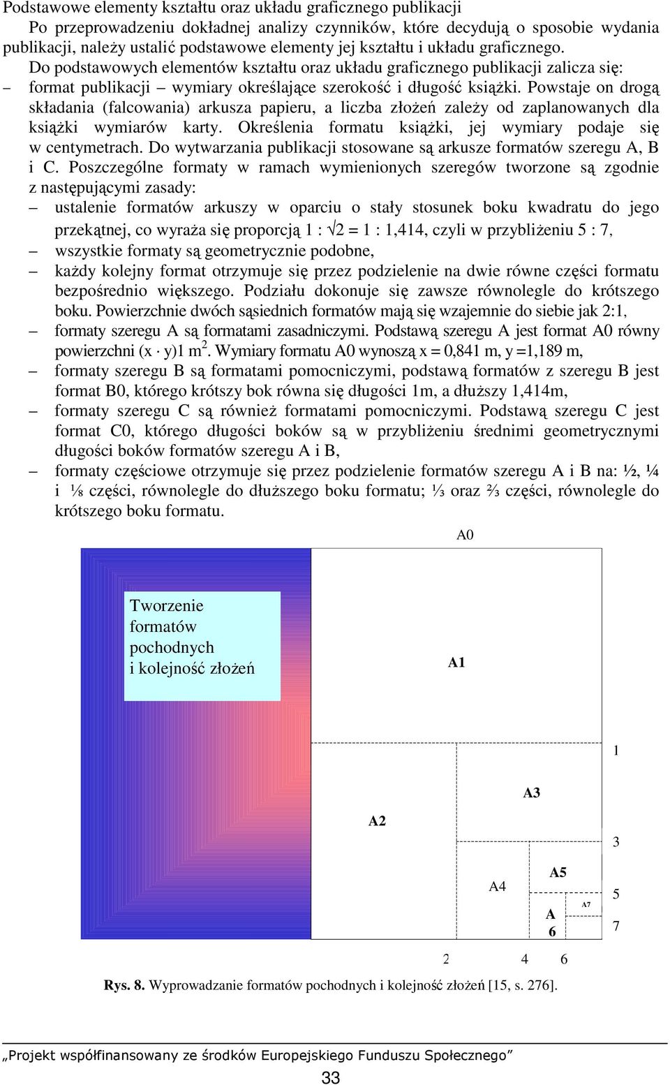 Powstaje on drogą składania (falcowania) arkusza papieru, a liczba złoŝeń zaleŝy od zaplanowanych dla ksiąŝki wymiarów karty. Określenia formatu ksiąŝki, jej wymiary podaje się w centymetrach.