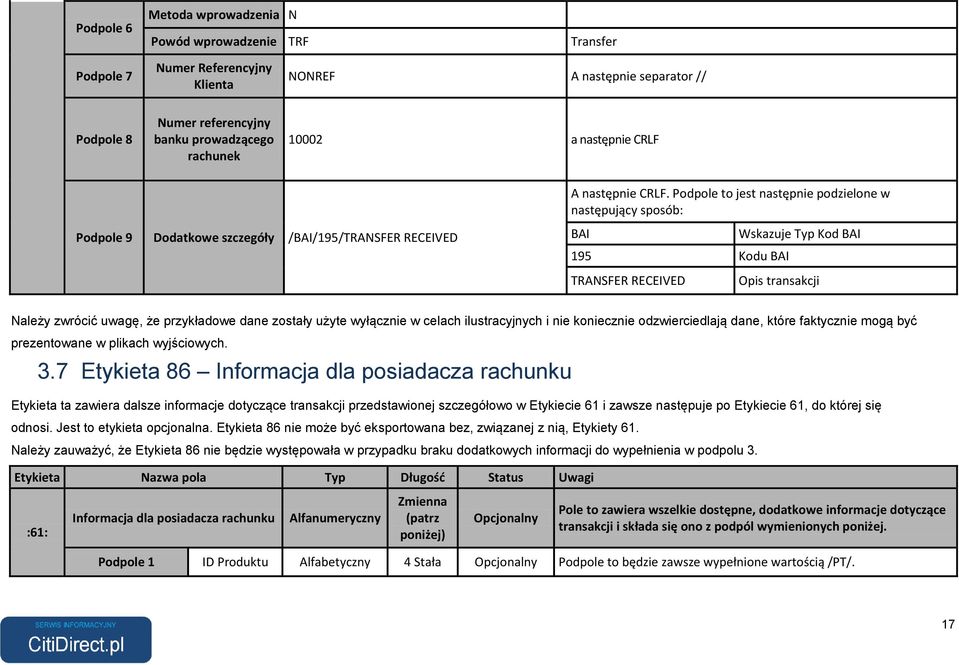 Podpole to jest następnie podzielone w następujący sposób: BAI 195 Kodu BAI TRANSFER RECEIVED Wskazuje Typ Kod BAI Opis transakcji Należy zwrócić uwagę, że przykładowe dane zostały użyte wyłącznie w