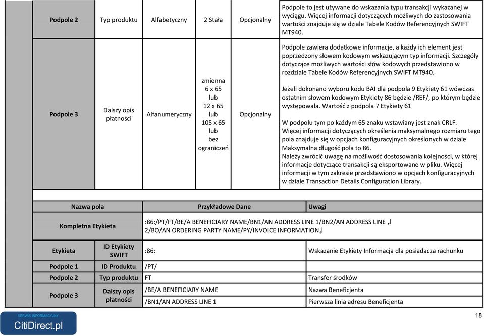 Podpole 3 Dalszy opis płatności Alfanumeryczny zmienna 6 x 65 lub 12 x 65 lub 105 x 65 lub bez ograniczeń Opcjonalny Podpole zawiera dodatkowe informacje, a każdy ich element jest poprzedzony słowem