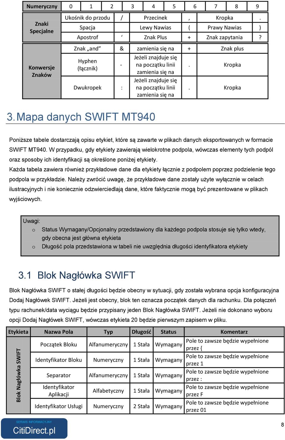 Mapa danych SWIFT MT940 Poniższe tabele dostarczają opisu etykiet, które są zawarte w plikach danych eksportowanych w formacie SWIFT MT940.