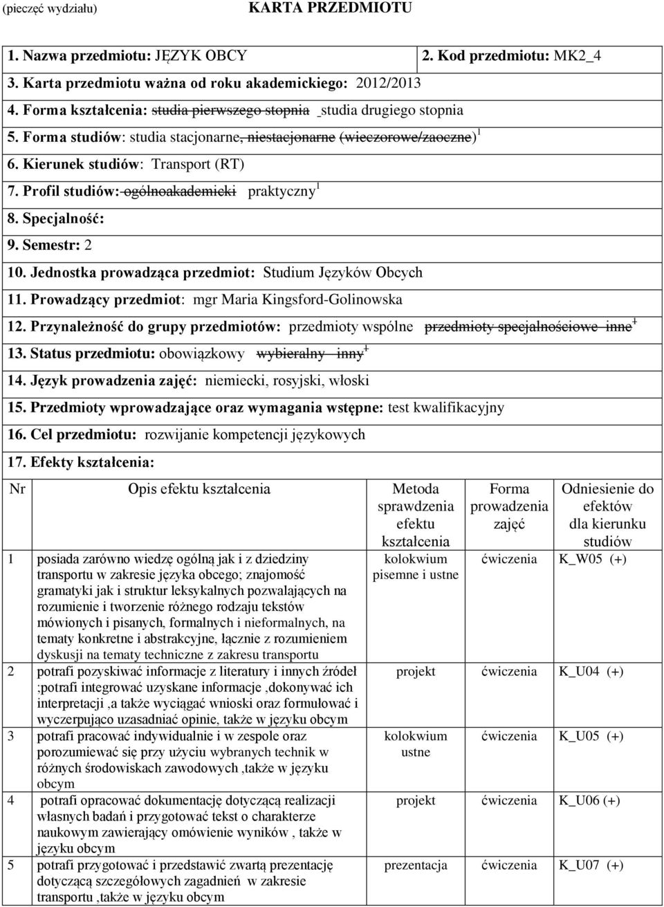 Profil studiów: ogólnoakademicki praktyczny 1 8. Specjalność: 9. Semestr: 2 10. Jednostka prowadząca przedmiot: Studium Języków Obcych 11. Prowadzący przedmiot: mgr Maria Kingsford-Golinowska 12.