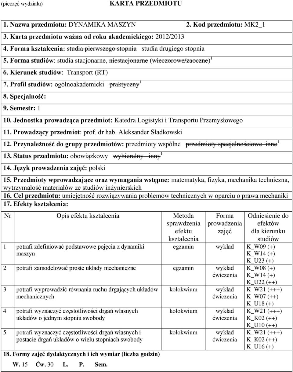 Profil studiów: ogólnoakademicki praktyczny 1 8. Specjalność: 9. Semestr: 1 10. Jednostka prowadząca przedmiot: Katedra Logistyki i Transportu Przemysłowego 11. Prowadzący przedmiot: prof. dr hab.