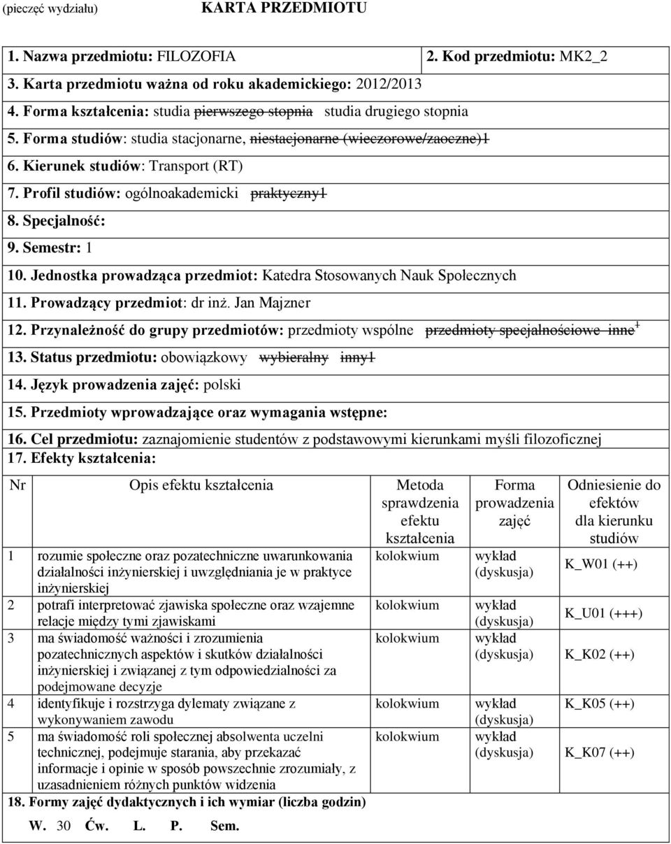 Profil studiów: ogólnoakademicki praktyczny1 8. Specjalność: 9. Semestr: 1 10. Jednostka prowadząca przedmiot: Katedra Stosowanych Nauk Społecznych 11. Prowadzący przedmiot: dr inż. Jan Majzner 12.