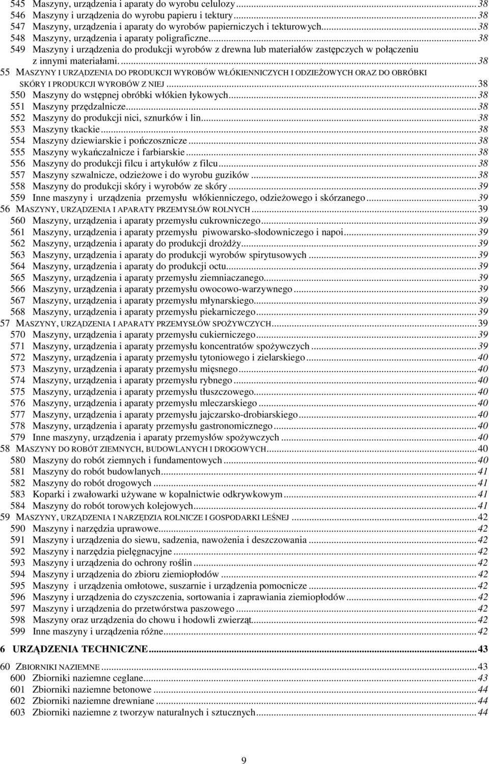 ...38 55 MASZYNY I URZĄDZENIA DO PRODUKCJI WYROBÓW WŁÓKIENNICZYCH I ODZIEśOWYCH ORAZ DO OBRÓBKI SKÓRY I PRODUKCJI WYROBÓW Z NIEJ...38 550 Maszyny do wstępnej obróbki włókien łykowych.