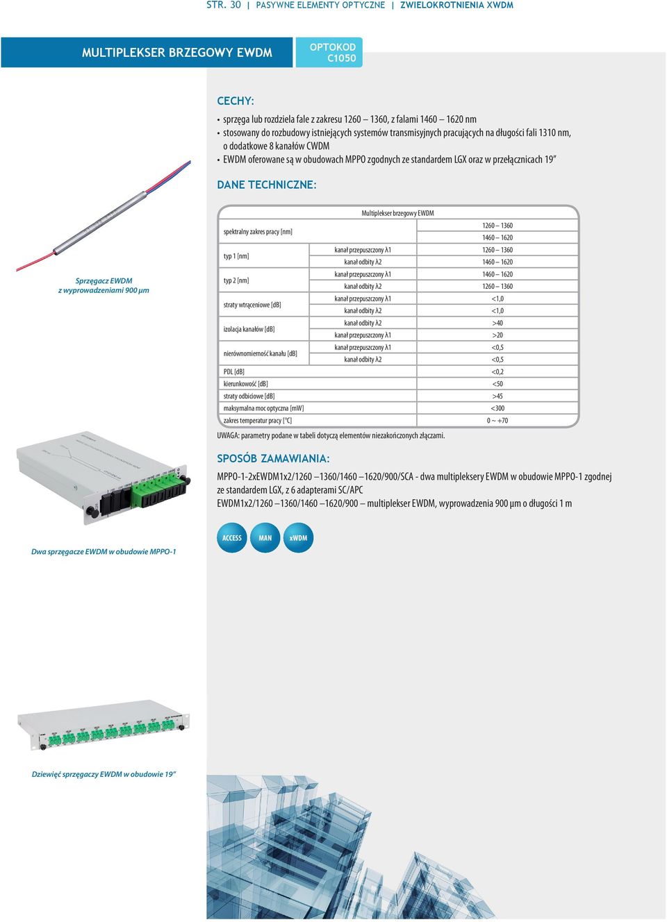 Multiplekser brzegowy E spektralny zakres pracy [nm] 1260 1360 1460 1620 typ 1 [nm] kanał przepuszczony λ1 1260 1360 kanał odbity λ2 1460 1620 typ 2 [nm] kanał przepuszczony λ1 1460 1620 kanał odbity