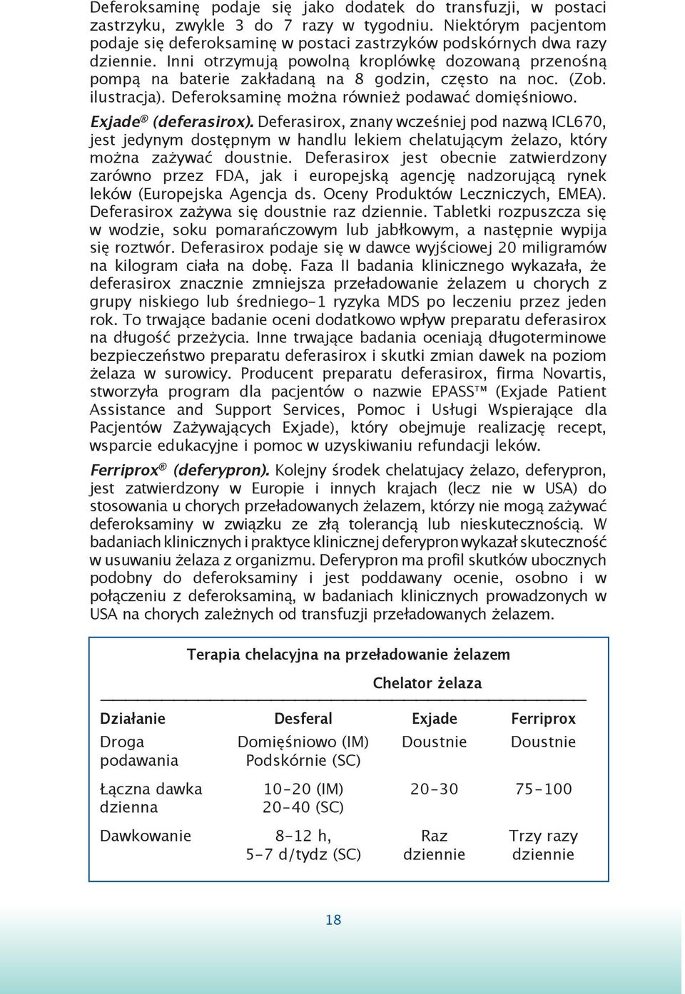 Inni otrzymują powolną kroplówkę dozowaną przenośną pompą na baterie zakładaną na 8 godzin, często na noc. (Zob. ilustracja). Deferoksaminę można również podawać domięśniowo. Exjade (deferasirox).