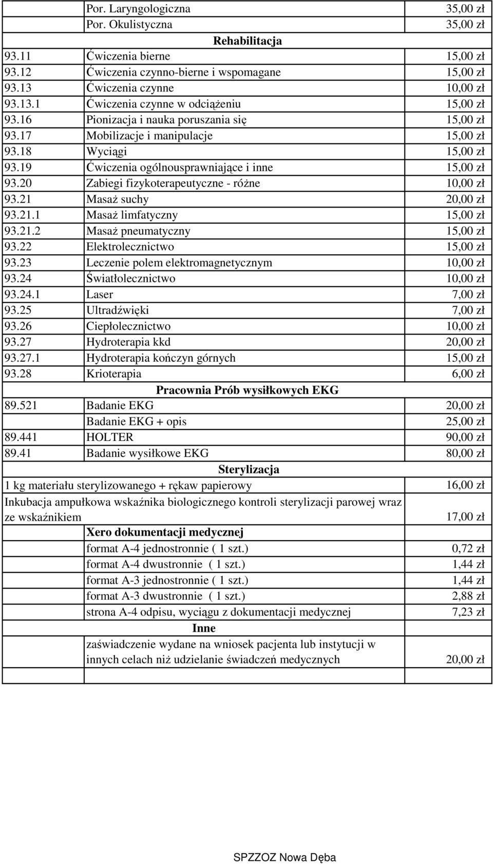 19 Ćwiczenia ogólnousprawniające i inne 15,00 zł 93.20 Zabiegi fizykoterapeutyczne - różne 10,00 zł 93.21 Masaż suchy 20,00 zł 93.21.1 Masaż limfatyczny 15,00 zł 93.21.2 Masaż pneumatyczny 15,00 zł 93.