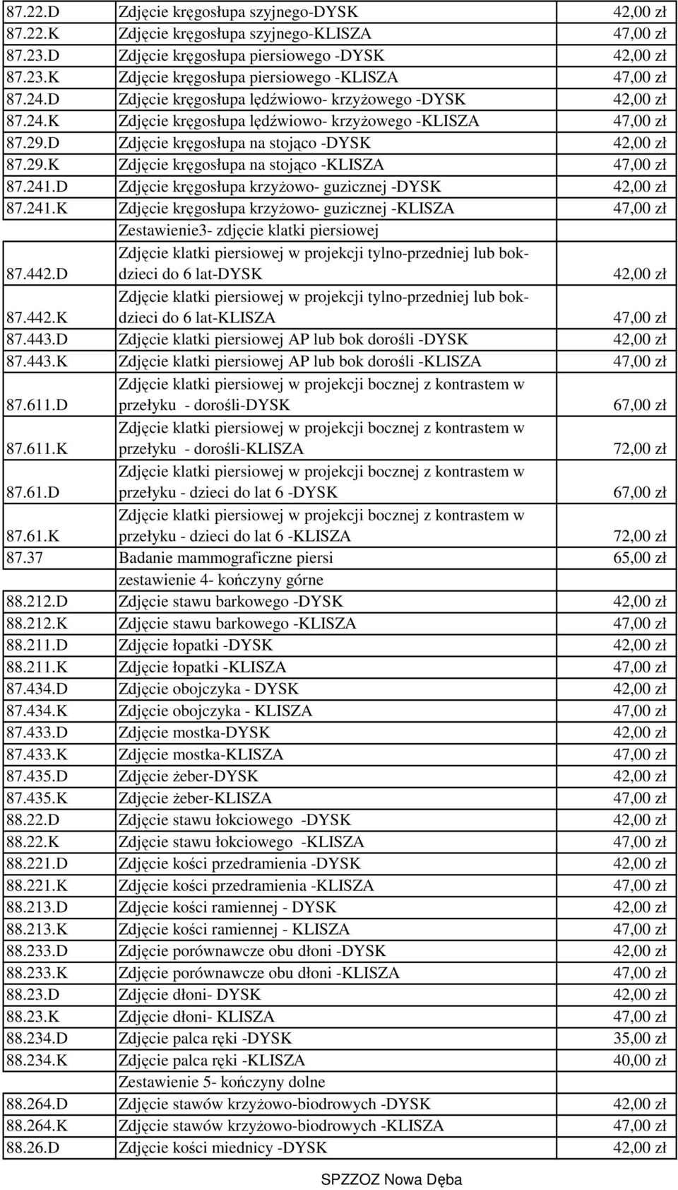 241.D Zdjęcie kręgosłupa krzyżowo- guzicznej -DYSK 42,00 zł 87.241.K Zdjęcie kręgosłupa krzyżowo- guzicznej -KLISZA 47,00 zł Zestawienie3- zdjęcie klatki piersiowej 87.442.