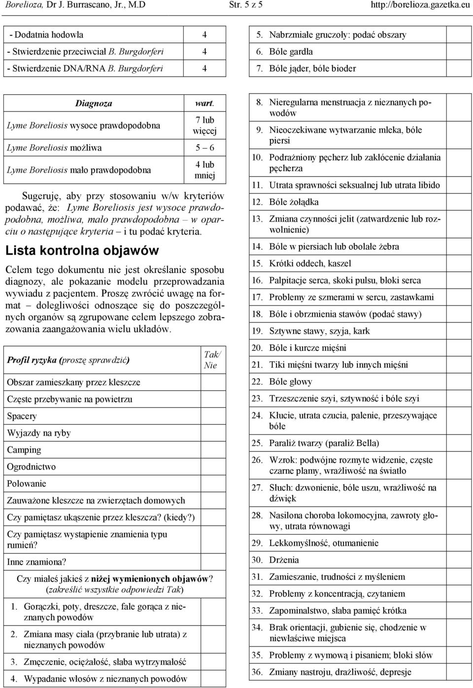 7 lub więcej Lyme Boreliosis moŝliwa 5 6 Lyme Boreliosis mało prawdopodobna 4 lub mniej Sugeruję, aby przy stosowaniu w/w kryteriów podawać, Ŝe: Lyme Boreliosis jest wysoce prawdopodobna, moŝliwa,