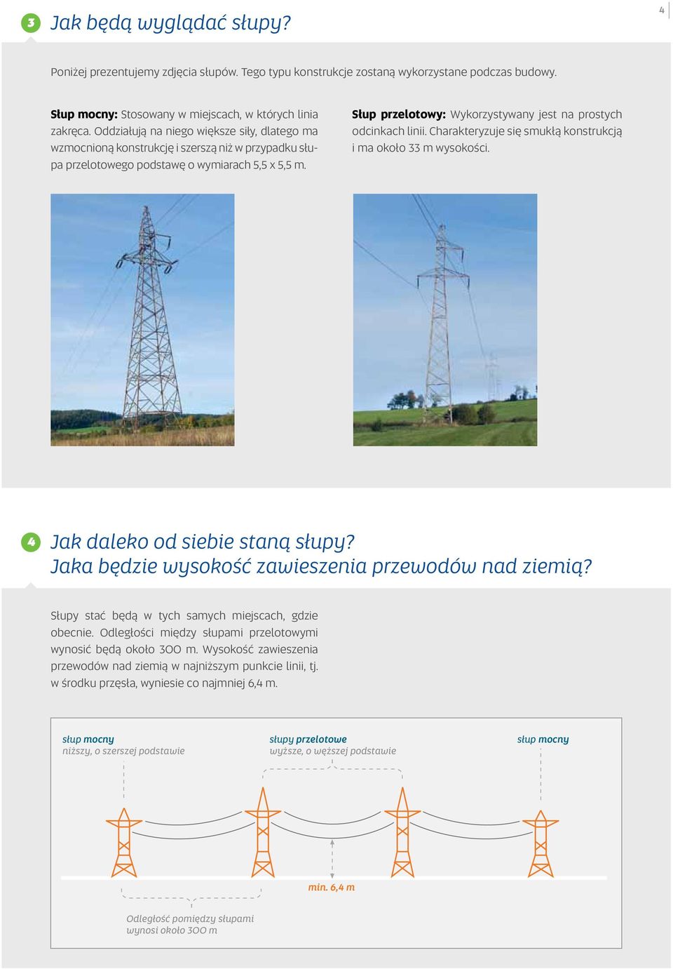 Słup przelotowy: Wykorzystywany jest na prostych odcinkach linii. Charakteryzuje się smukłą konstrukcją i ma około 33 m wysokości. 4 Jak daleko od siebie staną słupy?