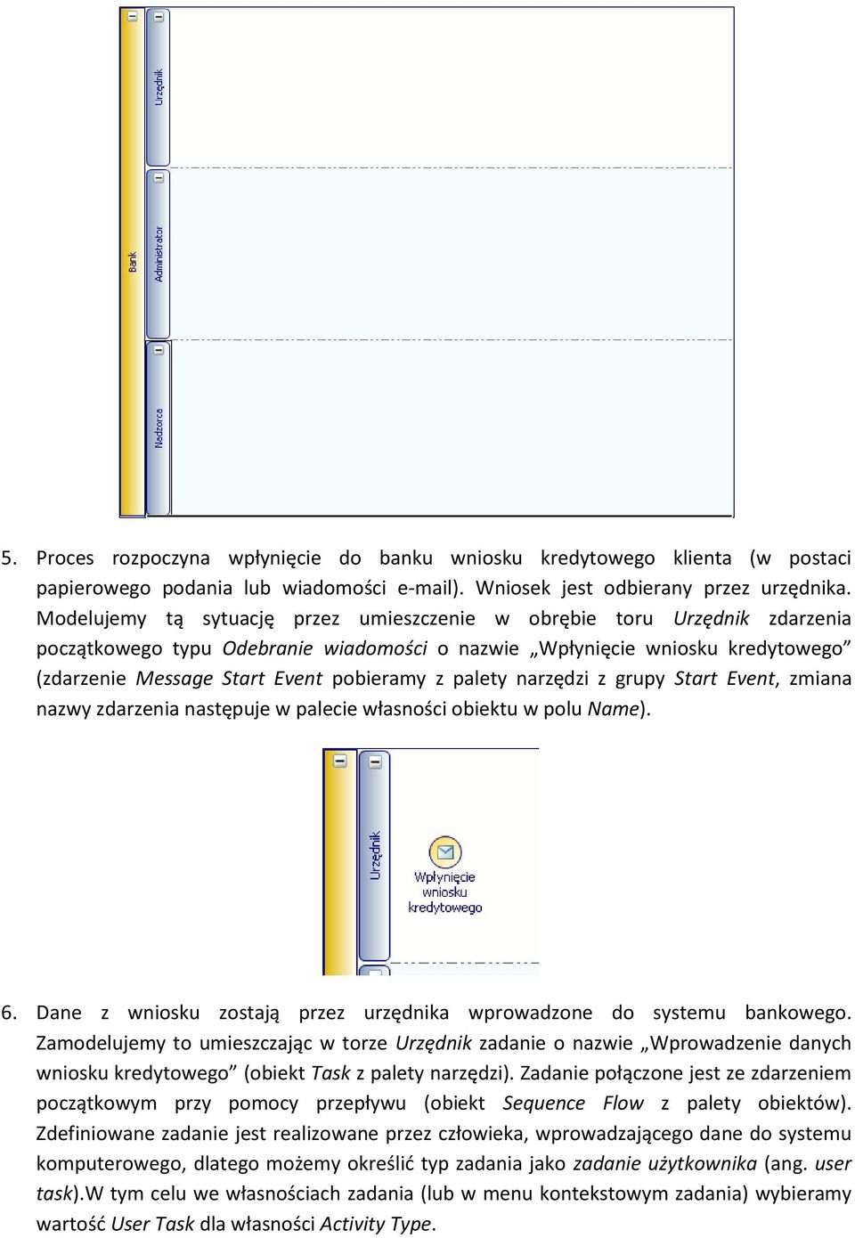 palety narzędzi z grupy Start Event, zmiana nazwy zdarzenia następuje w palecie własności obiektu w polu Name). 6. Dane z wniosku zostają przez urzędnika wprowadzone do systemu bankowego.