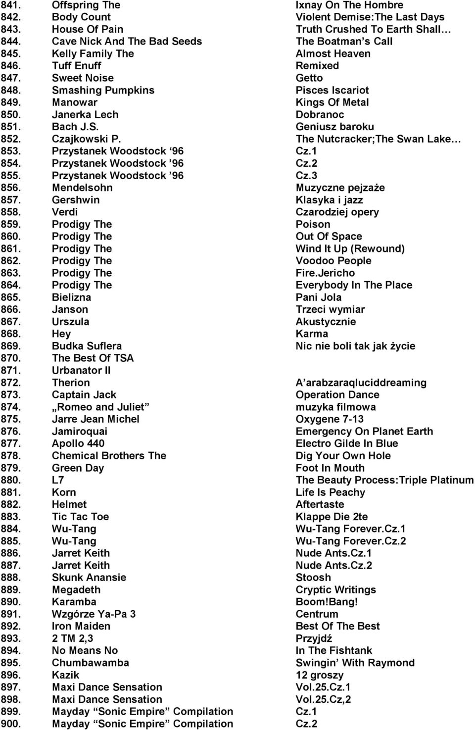 Czajkowski P. The Nutcracker;The Swan Lake 853. Przystanek Woodstock 96 Cz.1 854. Przystanek Woodstock 96 Cz.2 855. Przystanek Woodstock 96 Cz.3 856. Mendelsohn Muzyczne pejzaże 857.