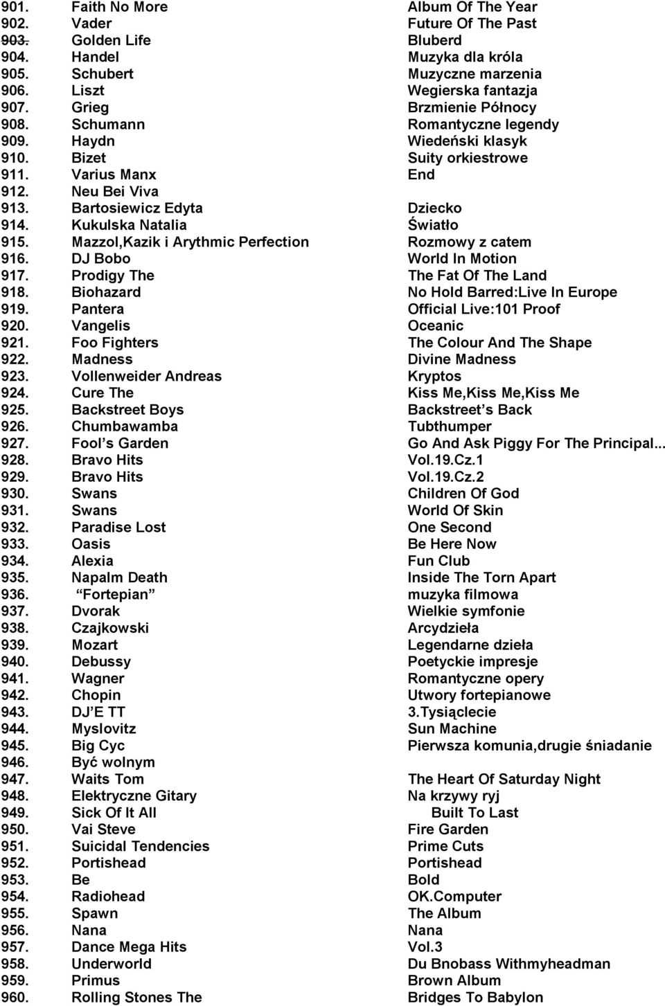 Kukulska Natalia Światło 915. Mazzol,Kazik i Arythmic Perfection Rozmowy z catem 916. DJ Bobo World In Motion 917. Prodigy The The Fat Of The Land 918. Biohazard No Hold Barred:Live In Europe 919.