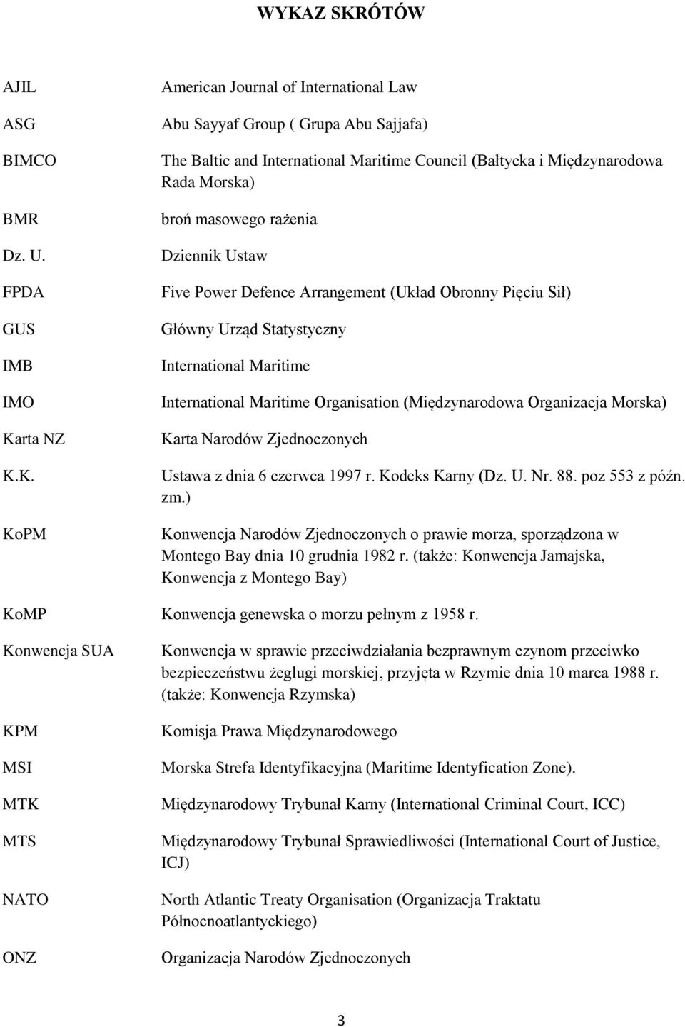 Maritime Organisation (Międzynarodowa Organizacja Morska) Karta Narodów Zjednoczonych Ustawa z dnia 6 czerwca 1997 r. Kodeks Karny (Dz. U. Nr. 88. poz 553 z późn. zm.