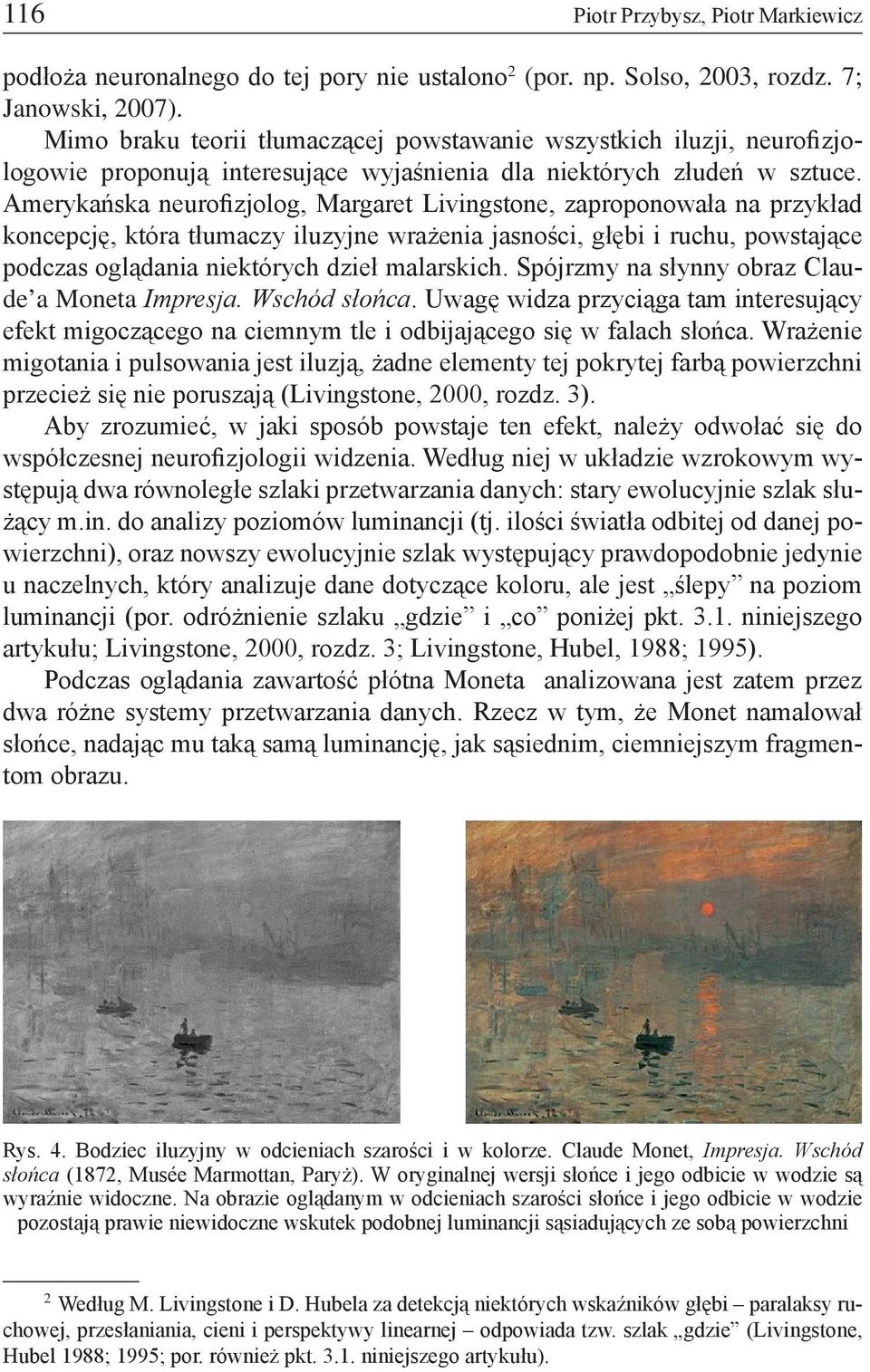 Amerykańska neurofizjolog, Margaret Livingstone, zaproponowała na przykład koncepcję, która tłumaczy iluzyjne wrażenia jasności, głębi i ruchu, powstające podczas oglądania niektórych dzieł