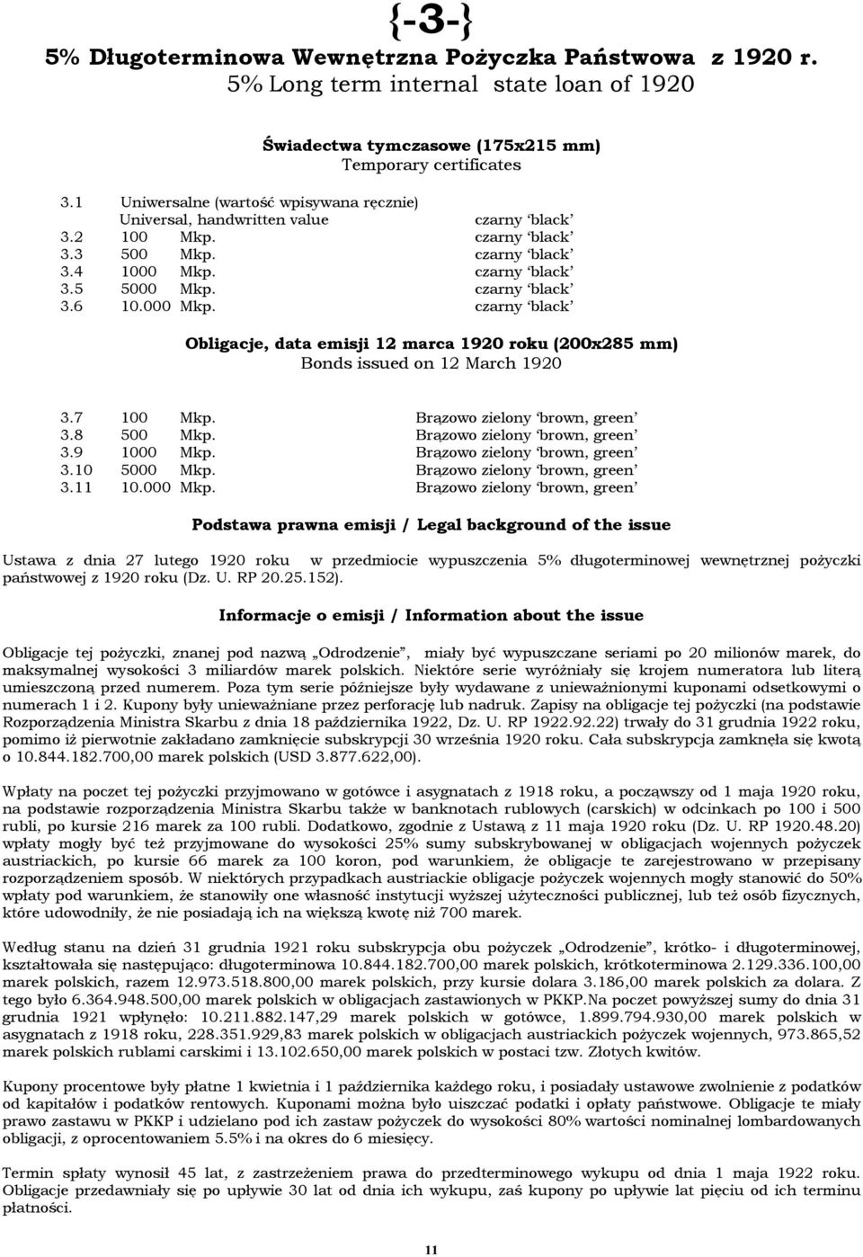000 Mkp. czarny black Obligacje, data emisji 12 marca 1920 roku (200x285 mm) Bonds issued on 12 March 1920 3.7 100 Mkp. Brązowo zielony brown, green 3.8 500 Mkp. Brązowo zielony brown, green 3.9 1000 Mkp.