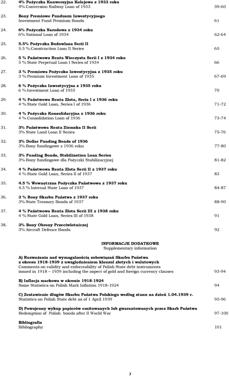 5 % Państwowa Renta Wieczysta Serii I z 1934 roku 5 % State Perpetual Loan I Series of 1934 66 27. 3 % Premiowa Pożyczka Inwestycyjna z 1935 roku 3 % Premium Investment Loan of 1935 67-69 28.