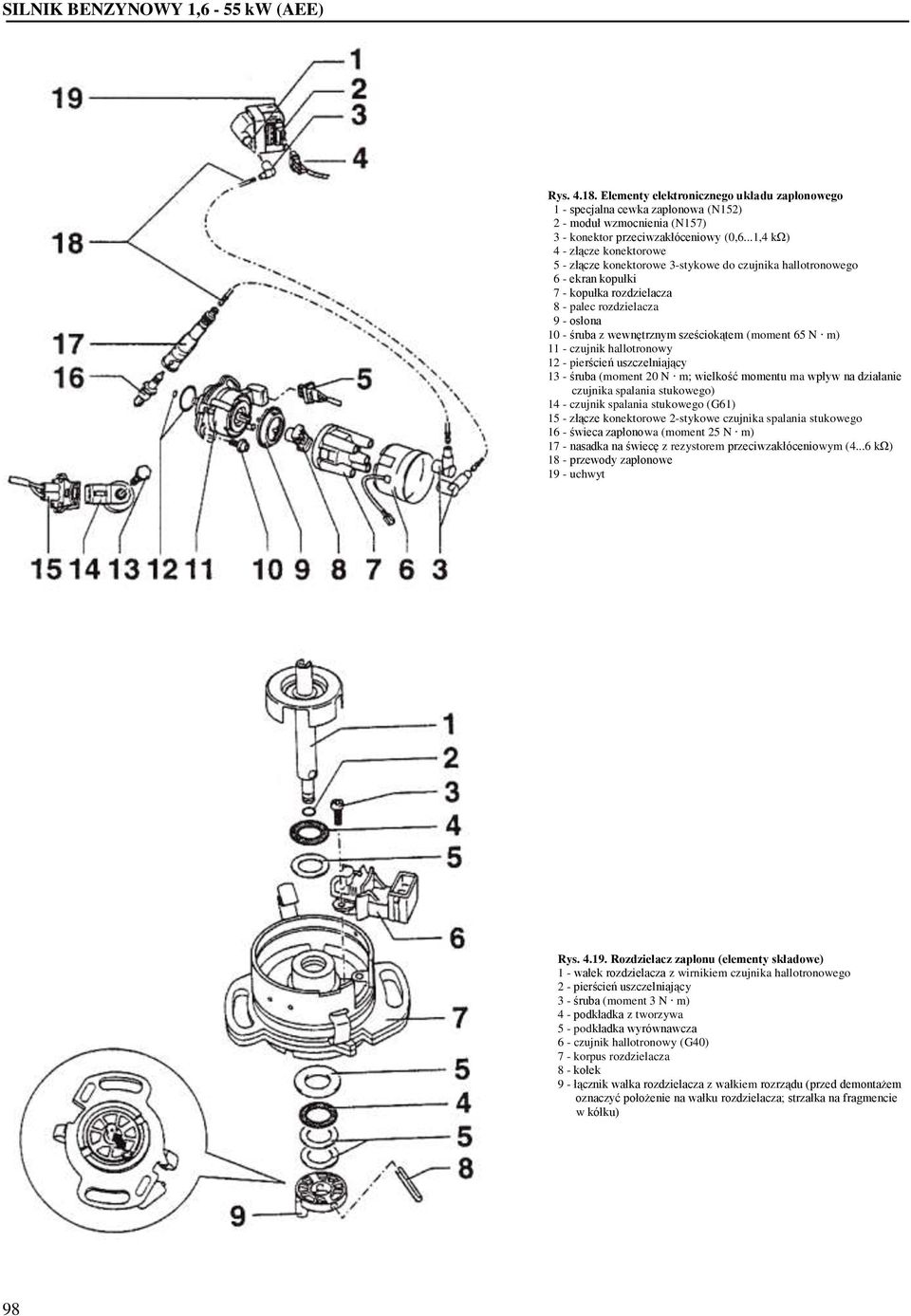 sześciokątem (moment 65 N m) 11 - czujnik hallotronowy 12 - pierścień uszczelniający 13 - śruba (moment 20 N m; wielkość momentu ma wpływ na działanie czujnika spalania stukowego) 14 - czujnik