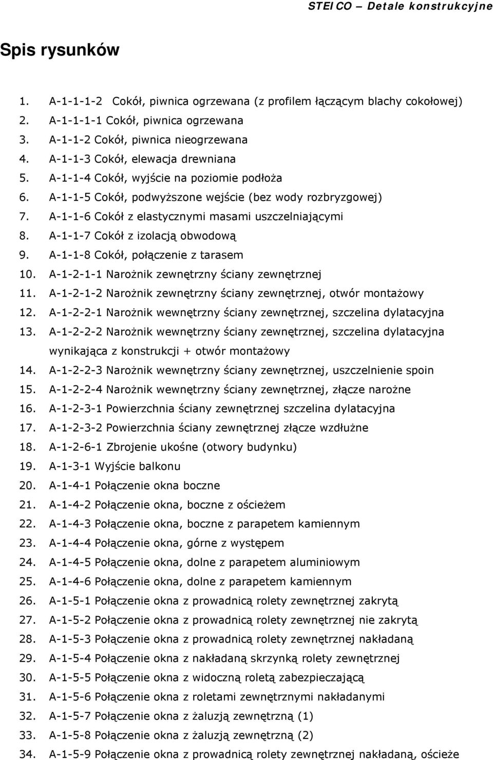 A-1-1-7 Cokół z izolacją obwodową 9. A-1-1-8 Cokół, połączenie z tarasem 10. A-1-2-1-1 Narożnik zewnętrzny ściany zewnętrznej 11. A-1-2-1-2 Narożnik zewnętrzny ściany zewnętrznej, otwór montażowy 12.