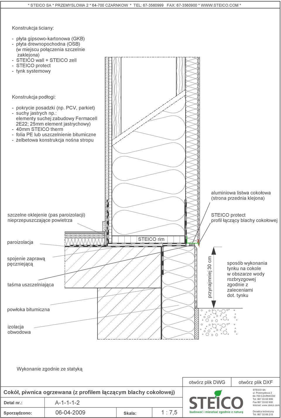 : elementy suchej zabudowy Fermacell 2E22; 25mm element jastrychowy) - 40mm STEICO therm - folia PE lub uszczelnienie bitumiczne - Ŝelbetowa konstrukcja nośna stropu aluminiowa listwa cokołowa