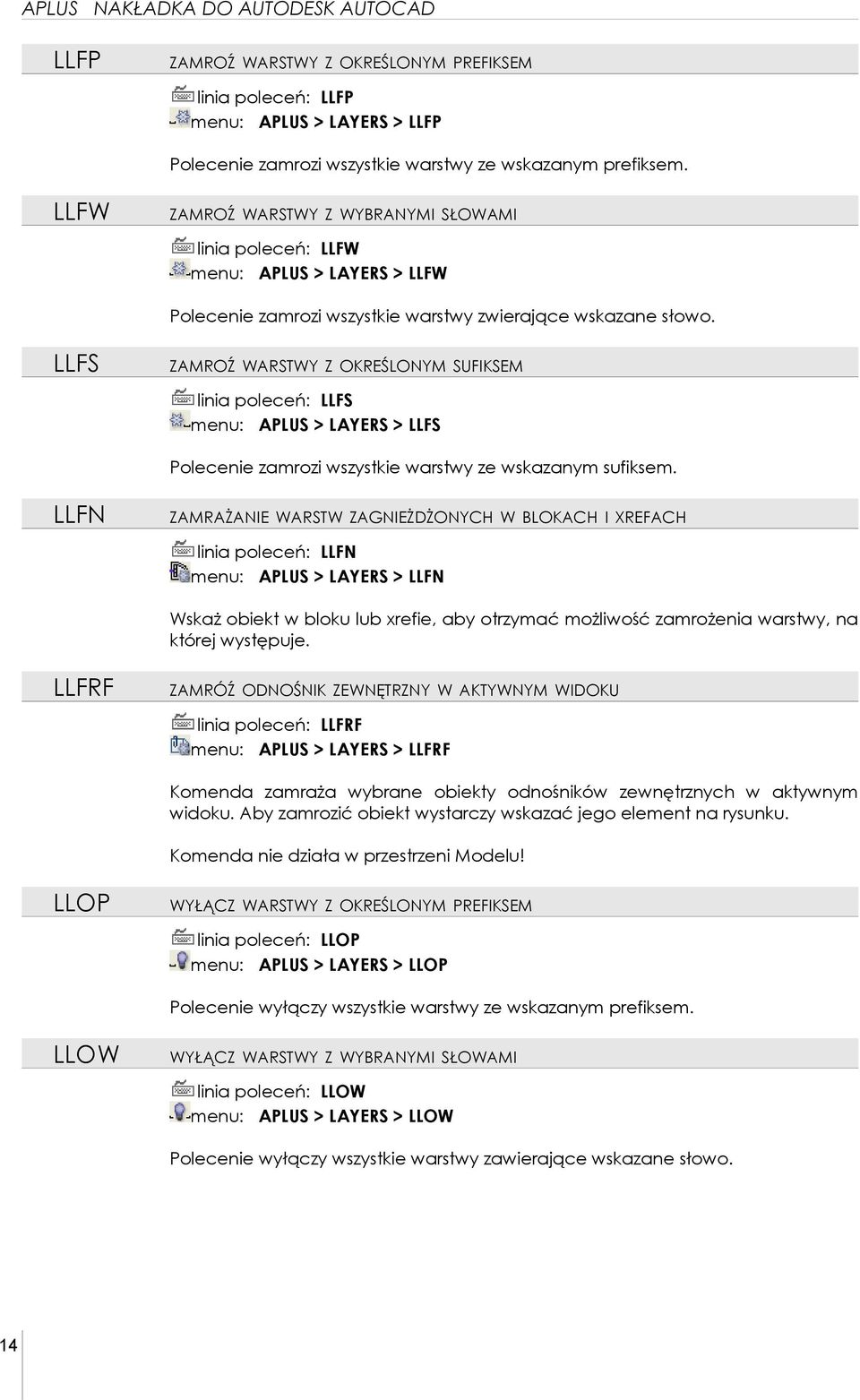 LLFS ZAMROŹ WARSTWY Z OKREŚLONYM SUFIKSEM linia poleceń: LLFS menu: APLUS > LAYERS > LLFS Polecenie zamrozi wszystkie warstwy ze wskazanym sufiksem.