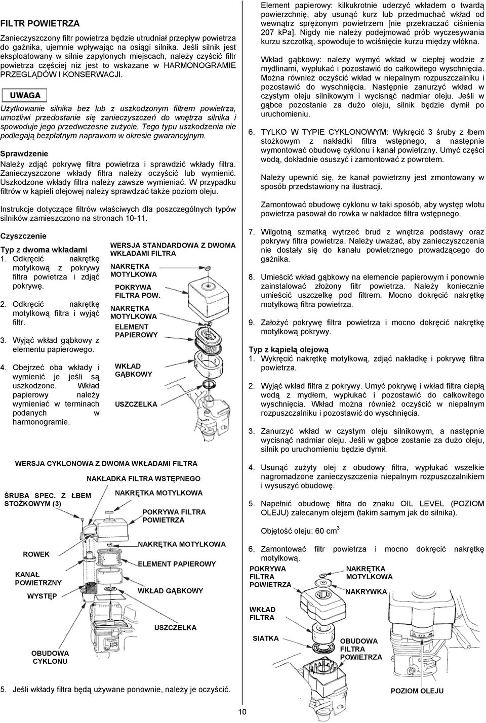 Użytkowanie silnika bez lub z uszkodzonym filtrem powietrza, umożliwi przedostanie się zanieczyszczeń do wnętrza silnika i spowoduje jego przedwczesne zużycie.