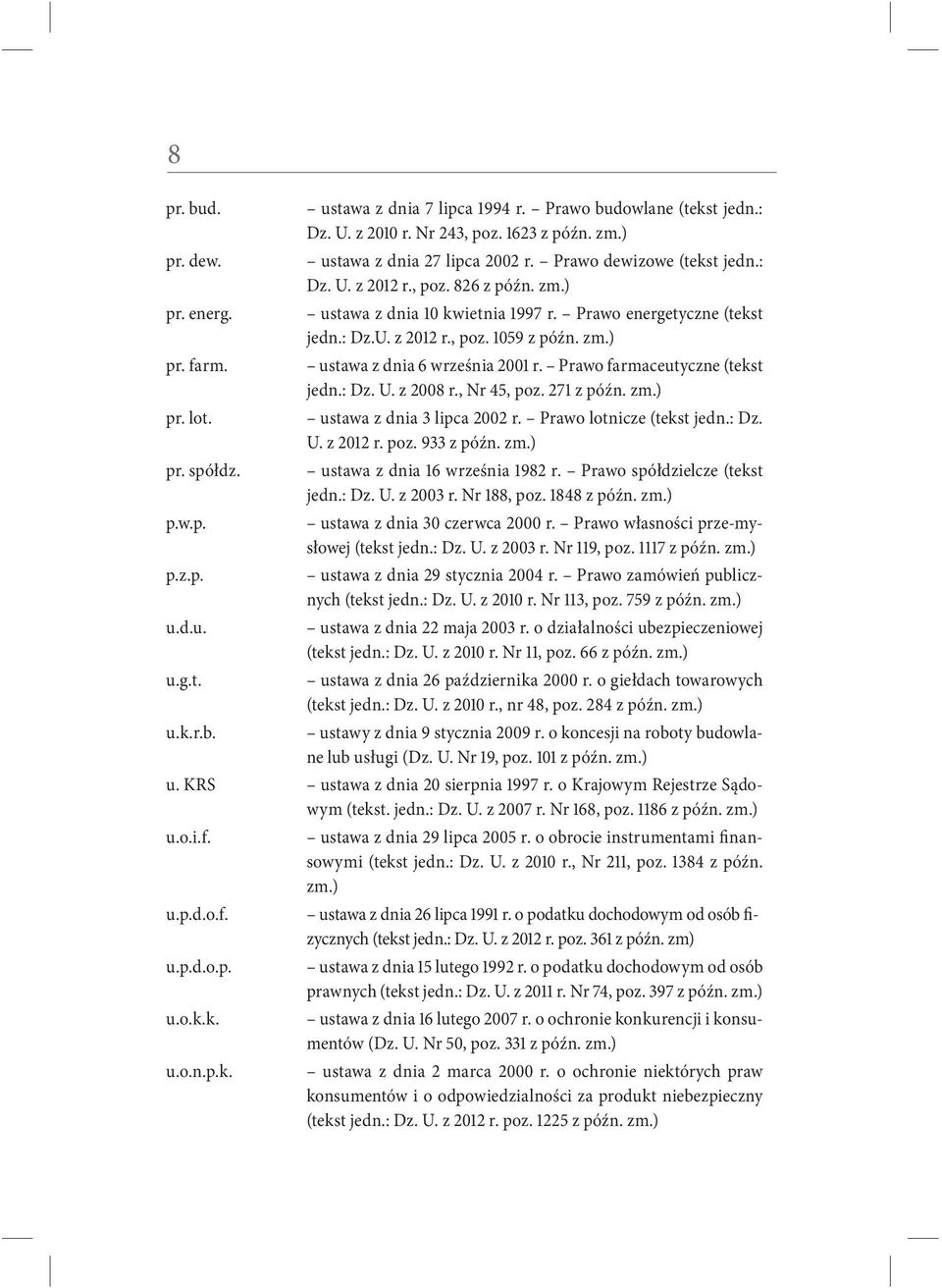 Prawo farmaceutyczne (tekst jedn.: Dz. U. z 2008 r., Nr 45, poz. 271 z późn. zm.) pr. lot. ustawa z dnia 3 lipca 2002 r. Prawo lotnicze (tekst jedn.: Dz. U. z 2012 r. poz. 933 z późn. zm.) pr. spółdz.