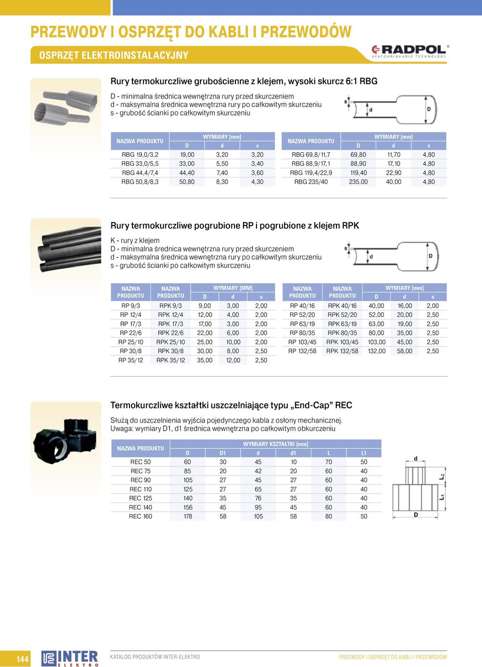 69,8/11,7 69,80 11,70 4,80 RBG 88,9/17,1 88,90 17,10 4,80 RBG 119,4/22,9 119,40 22,90 4,80 RBG 235/40 235,00 40,00 4,80 Rury termokurczliwe pogrubione RP i pogrubione z klejem RPK K - rury z klejem D
